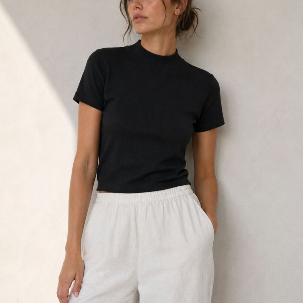 LESET Kelly Slim Tee Women's XS Black Mock Neck Fitted Ribbed CleanGirl Minimal